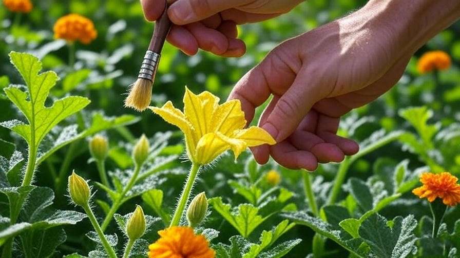  "Gardener hand-pollinating watermelon flower with marigolds in background." 
