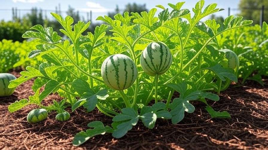 "Mulched garden with row covers and watermelon plants at different stages."
