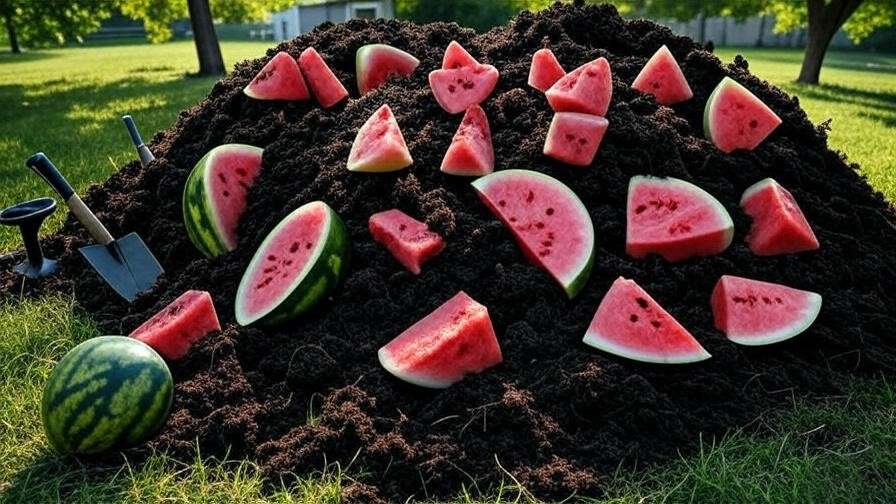 Compost pile with hollow heart watermelon pieces and gardening tools." 