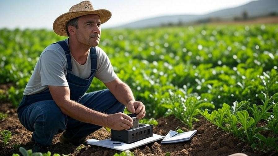  "Farmer testing soil in watermelon field with notebook." 