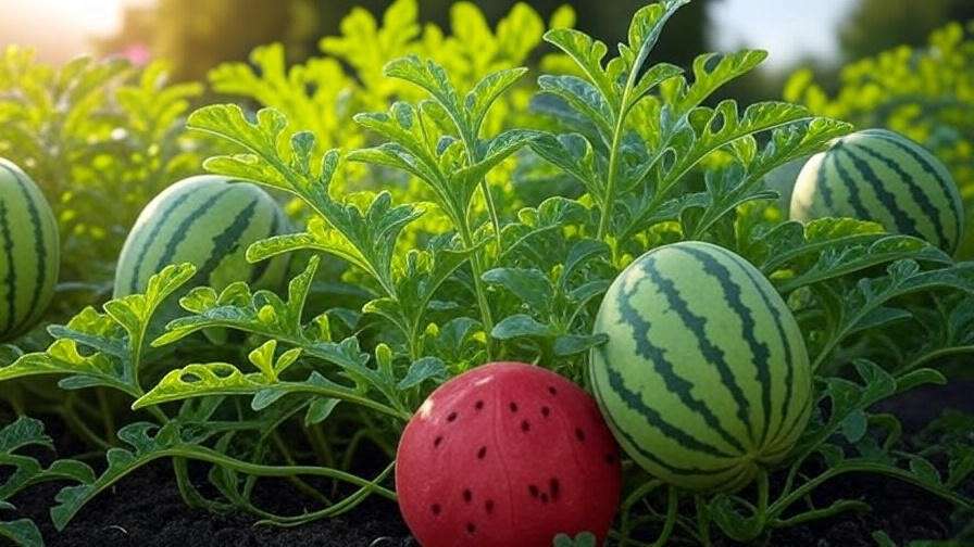 "Nutrient-rich soil with thriving watermelon plants in the garden." 