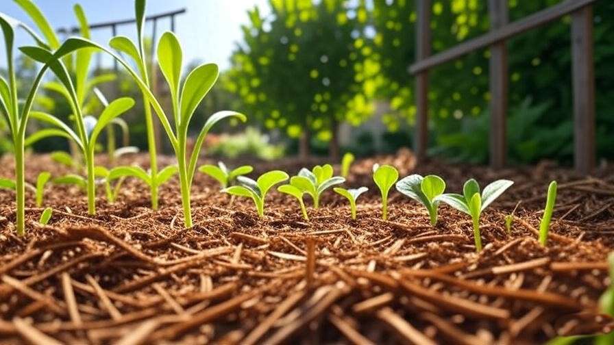 "Garden bed with Star Watermelon seedlings, mulch, and trellis under sunlight." 