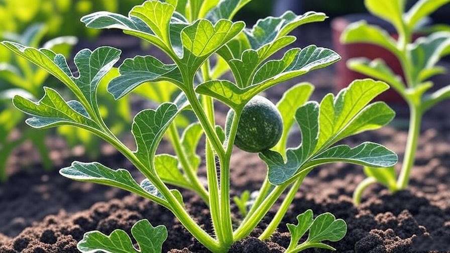 "Star Watermelon plant with drip irrigation and healthy leaves in a garden." 