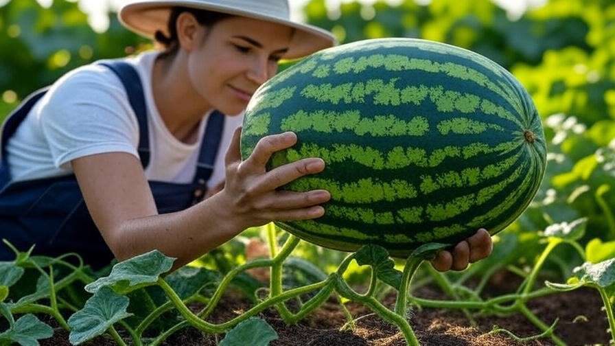 "Gardener inspecting ripe Star Watermelon with juicy red flesh in a garden." 