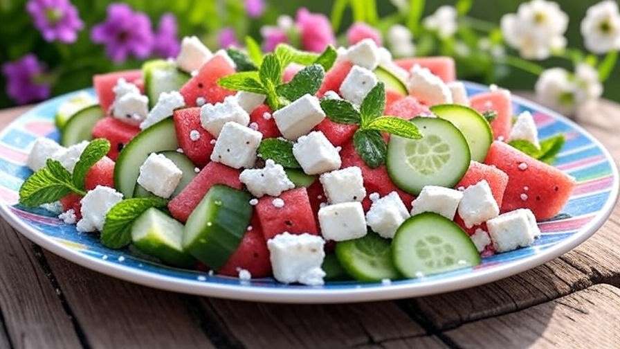 "Plate of Star Watermelon salad with feta and mint on a rustic table." 