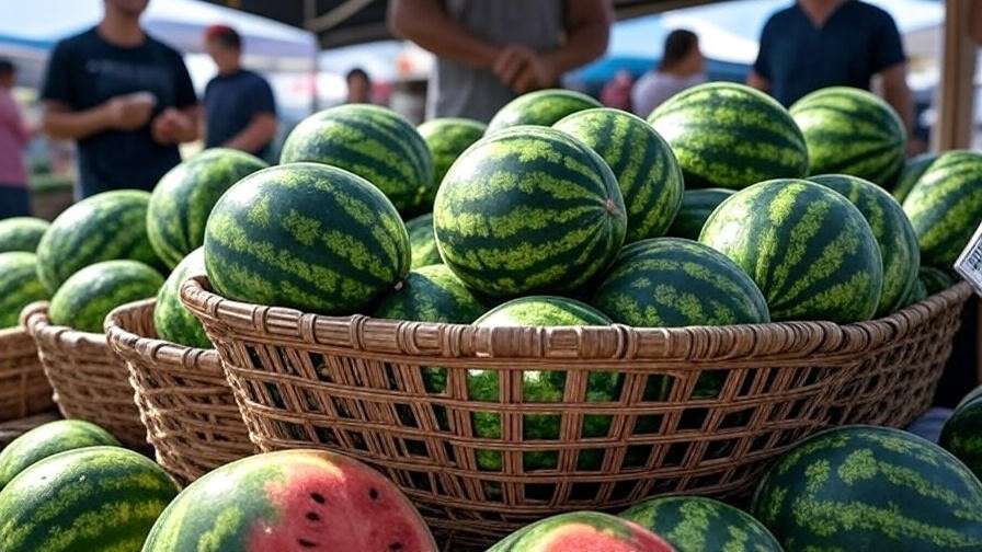 "Basket of Star Watermelon fruits at a busy farmers' market." 
