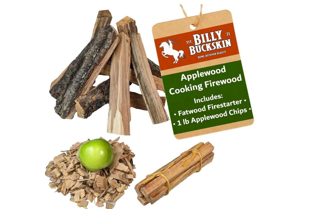 
18 LB. Applewood Cooking Firewood Log & 1 LB. 100% Natural Apple Wood Chips Flavor by Billy Bucksin Co., Fatwood Fire Starter Stick Included for Outdoor