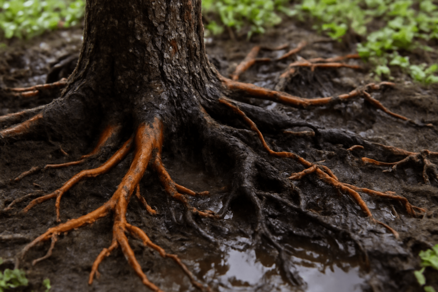 Close-up of a tree trunk with exposed, tangled roots extending into dark, wet soil. Surrounding greenery suggests a lush, moist environment.