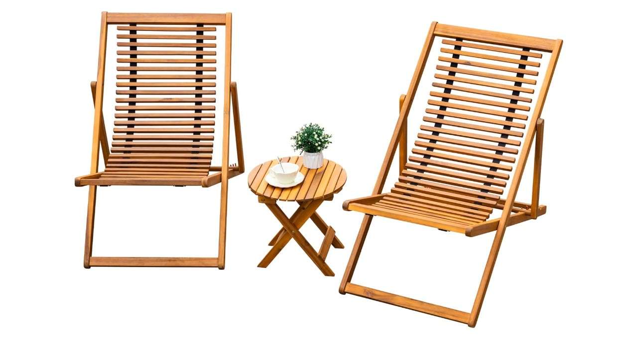  Greesum 3 Piece Patio Folding Recliner Bistro Set Acacia Wood Chairs Outdoor Chaise Lounge for Backyard Garden Pool Deck, Natural 