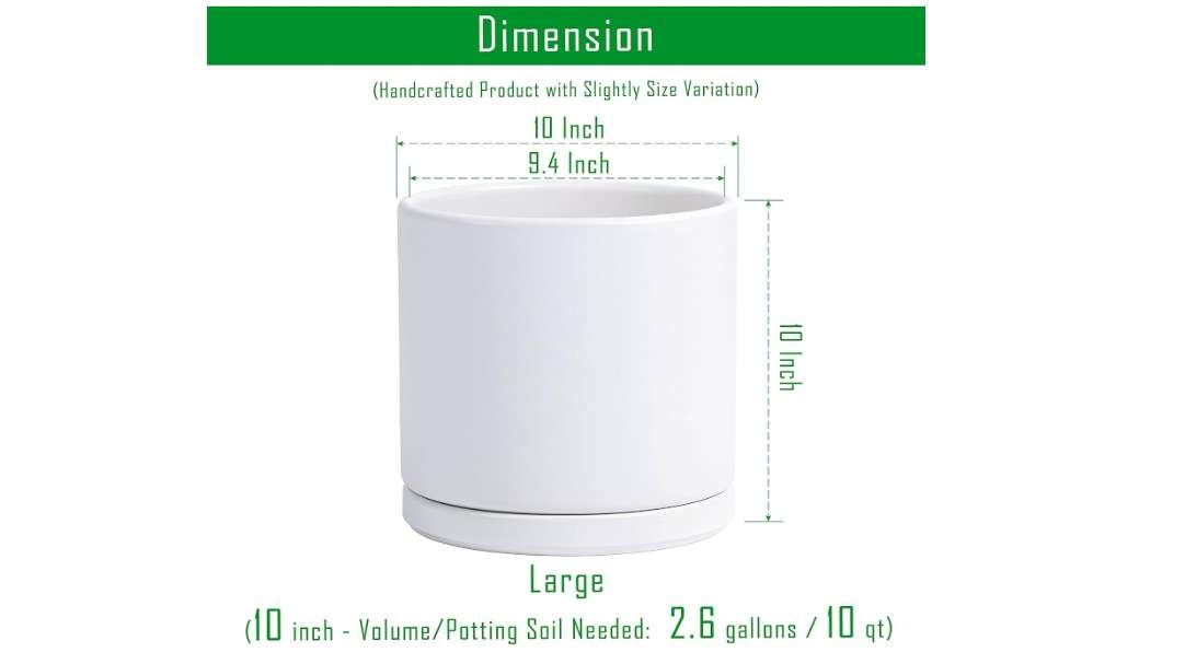 
D'vine Dev 10 Inch Ceramic Planter Pot with Drainage Hole and Saucer, Indoor Cylinder Round Planter Pot, White, 94-O-E-1
