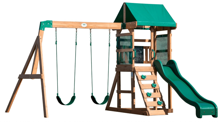 Backyard Discovery Buckley Hill Cedar Wood Swing Set with Wave Slide, Play Deck, Rock Wall Ladder, Belt Swings, Chalkboard, Canopy Roof, Outdoor Playset