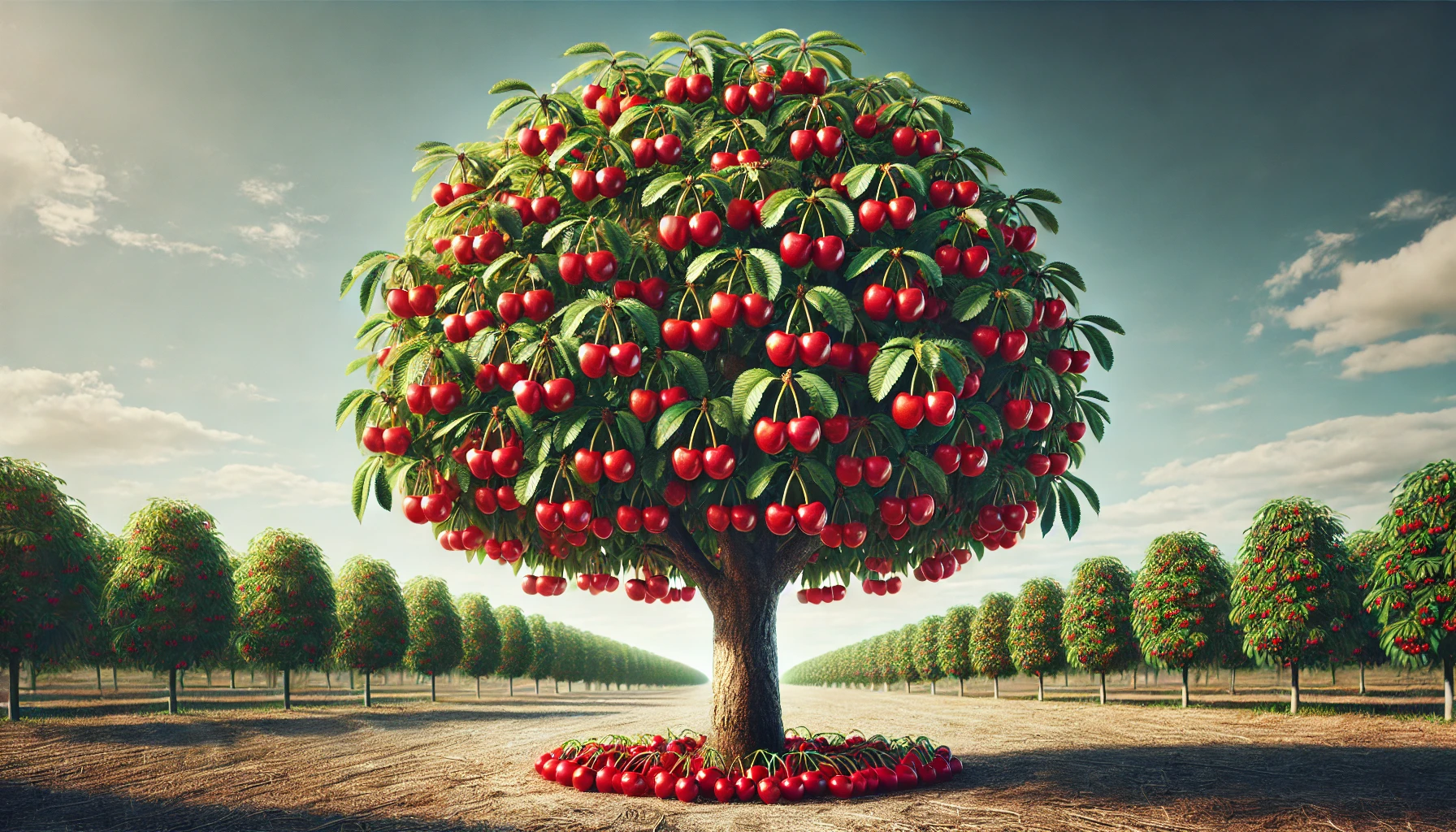 A lush cherry tree heavily laden with vibrant red cherries, surrounded by rows of similar trees under a clear blue sky.