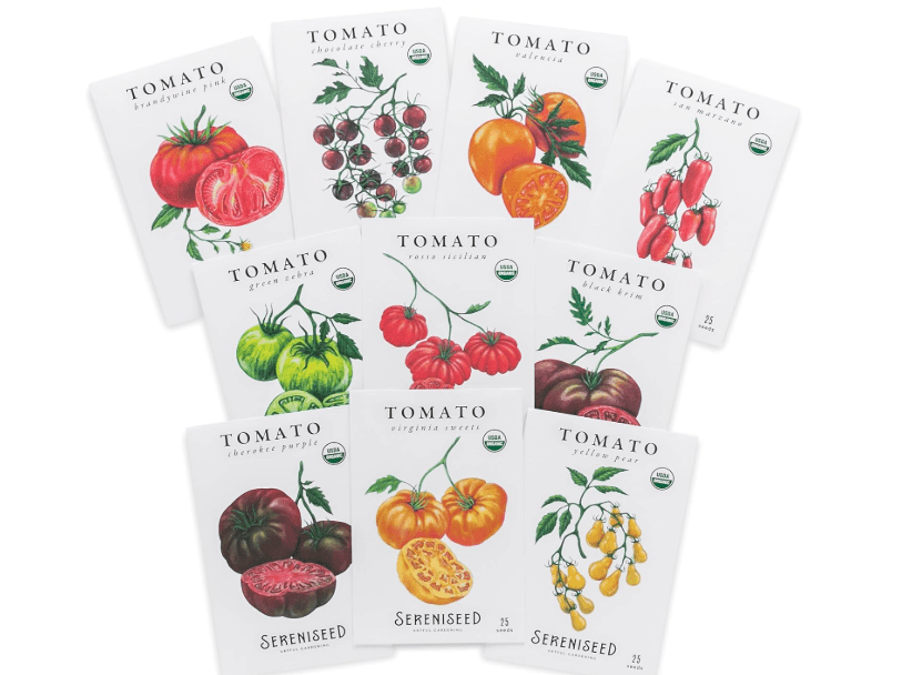 
Sereniseed Certified Organic Tomato Seeds (10-Pack) – Non GMO, Open Pollinated – Cherokee Purple, Chocolate Cherry, Green Zebra, Brandyw