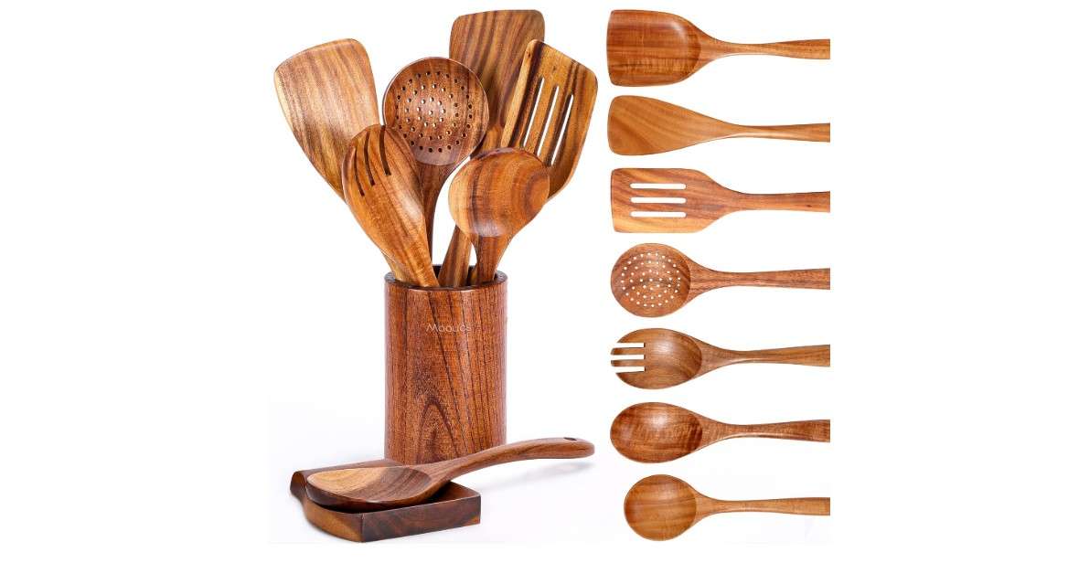 Mooues 9 Piece Natural Teak Wooden Kitchen Utensil Set with Spoon Rest - Comfort Grip Cooking Spoons and Utensils Holder