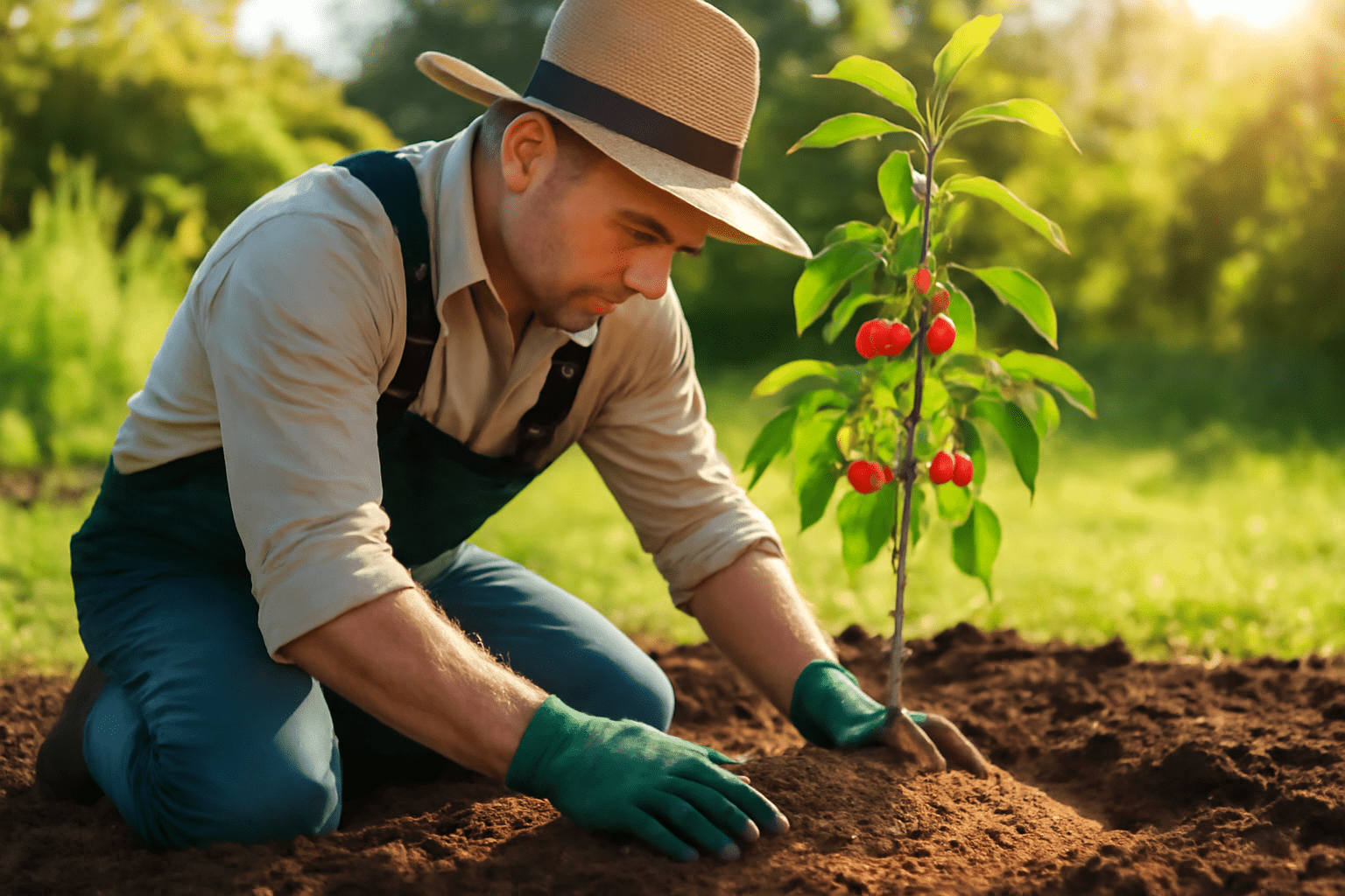 A gardener in a straw hat kneels in soil, planting a small fruit tree with red fruits, surrounded by lush greenery and sunlight.