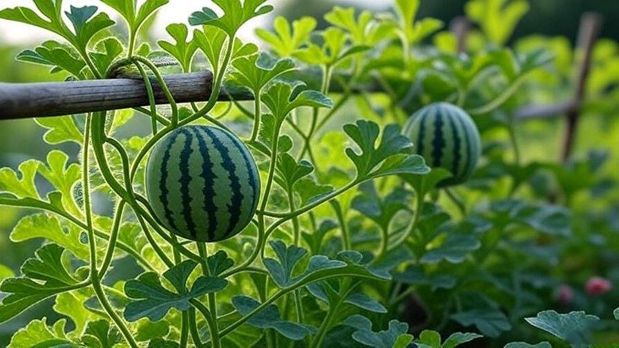 "Thriving blue watermelon plant with vines on a trellis and developing fruit.