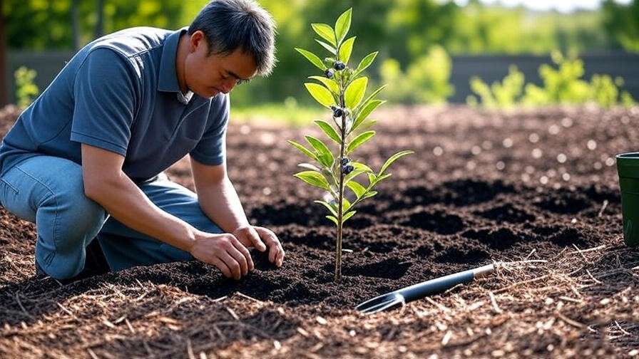 Gardener planting a young Japanese blueberry tree with tools and mulch in well-draining soil.