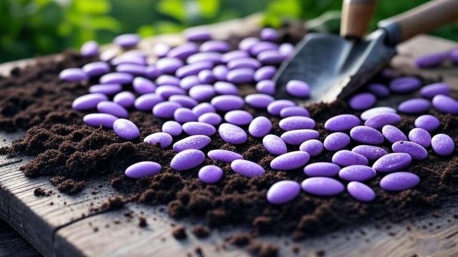 Close-up of purple watermelon seeds on a wooden table with soil and garden tools in a lush green garden. 