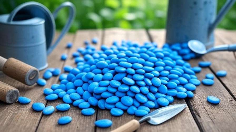 Close-up of blue watermelon seeds with gardening tools on a wooden table