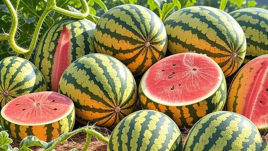 Close-up of colorful watermelon varieties like Moon and Stars and Yellow Doll growing on vines in a sunny garden