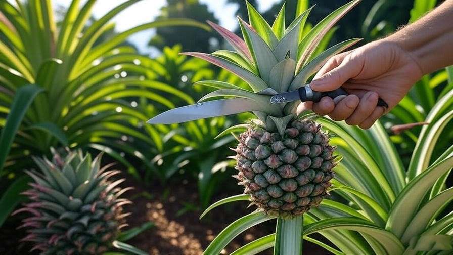 "Close-up of watermelon pineapple plant with pup separation in tropical garden." 