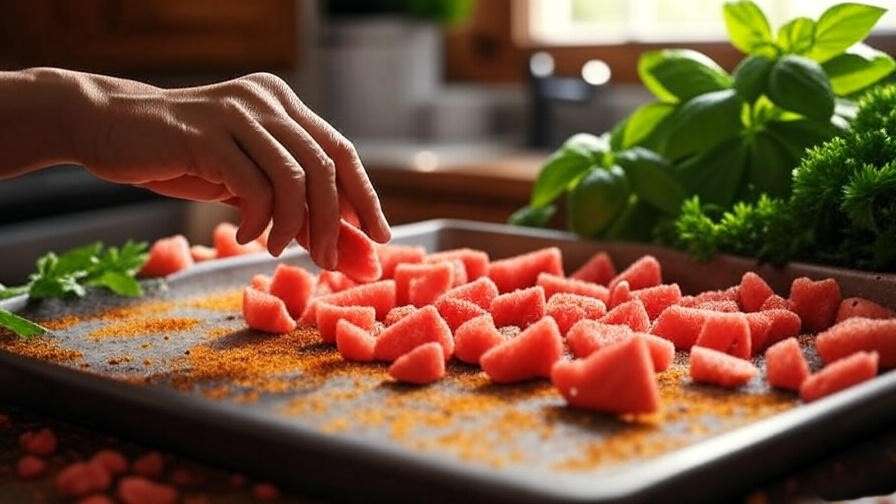 : "Hand roasting watermelon seeds with spices and fresh herbs in a warm kitchen setting."