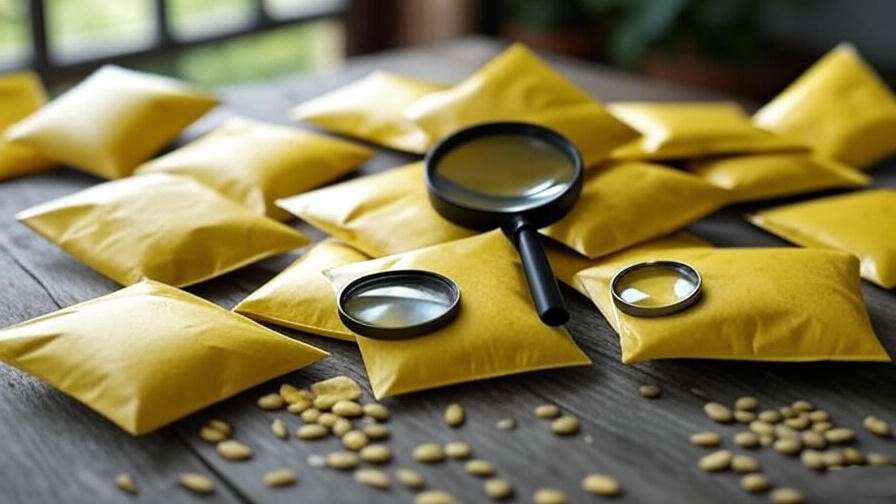 "Close-up of yellow watermelon seed packets on wooden table with magnifying glass