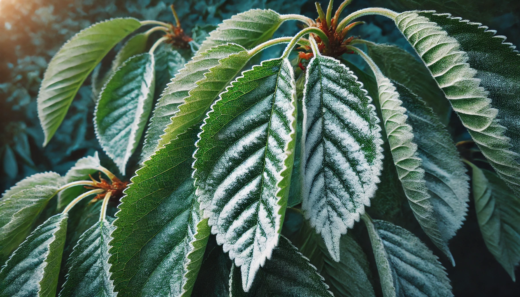 Frost-covered green leaves glisten in soft sunlight, showcasing intricate textures and patterns against a blurred dark background.