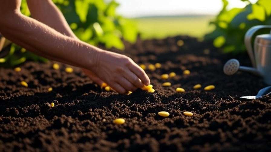 Gardener planting yellow watermelon seeds in loamy soil with tools