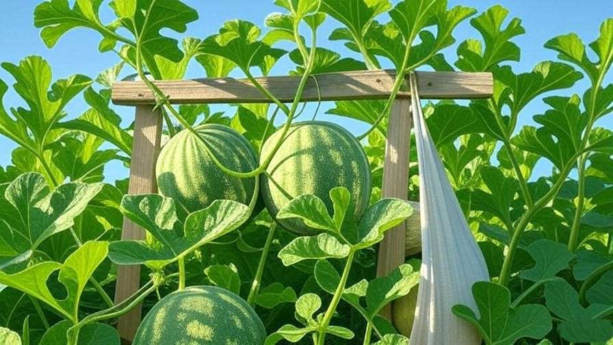  Watermelon vine with melon in fabric sling on trellis in organic garden. 