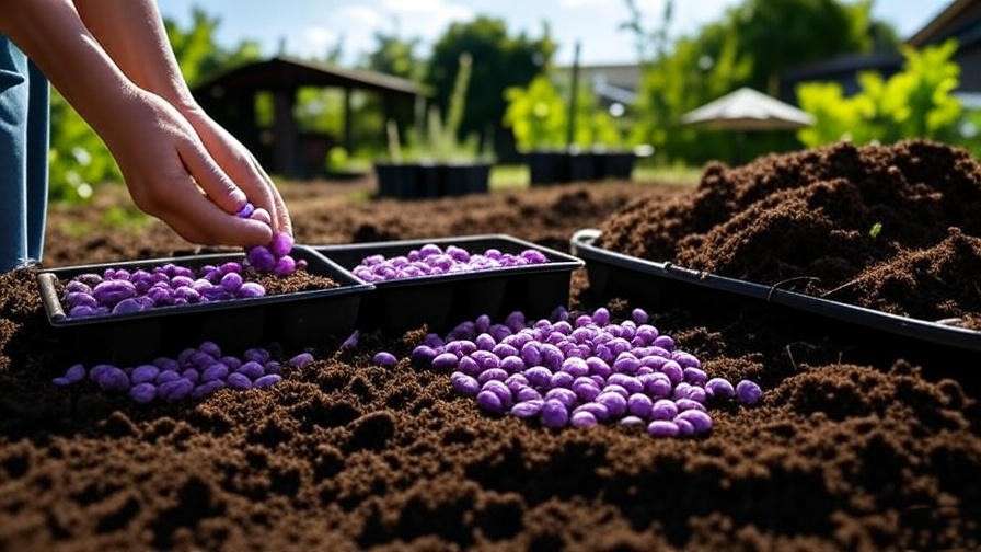 Gardener planting purple watermelon seeds in loamy soil with seedling trays in a sunny garden. 