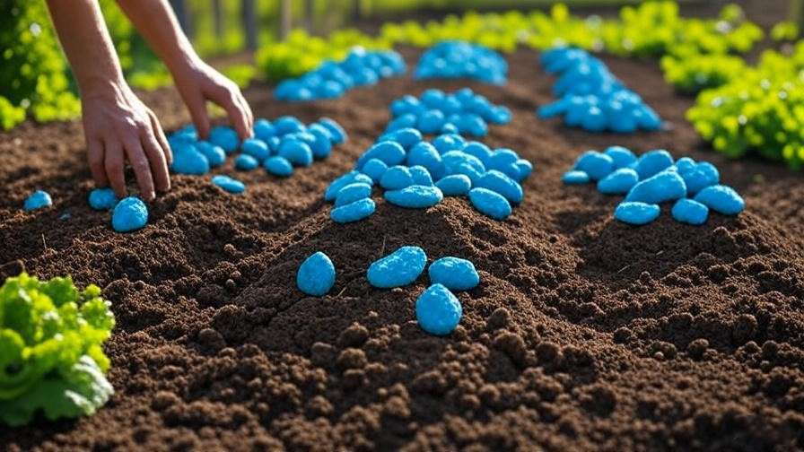 Garden bed with blue watermelon seeds and gardener adding compost"