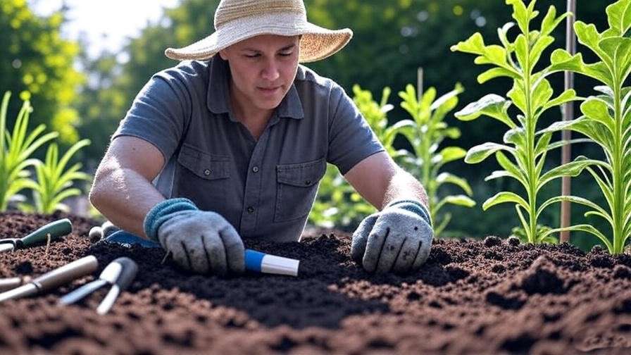 Gardener testing soil with pH meter in a garden bed prepared for colorful watermelon planting