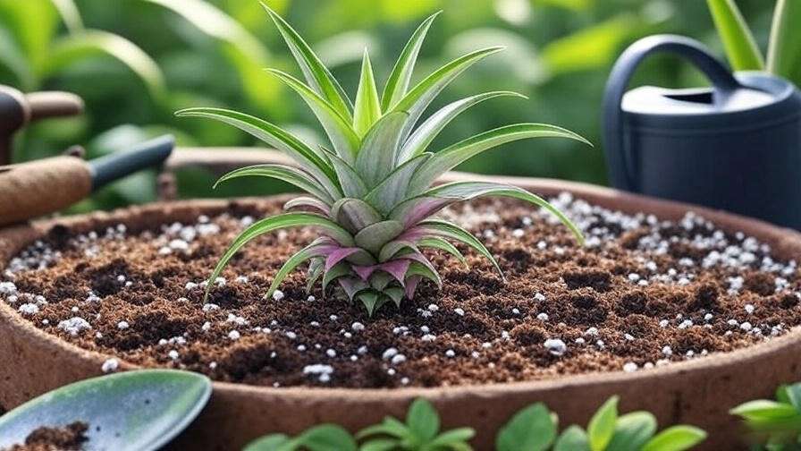 "Planting watermelon pineapple in well-draining soil mix with gardening tools."