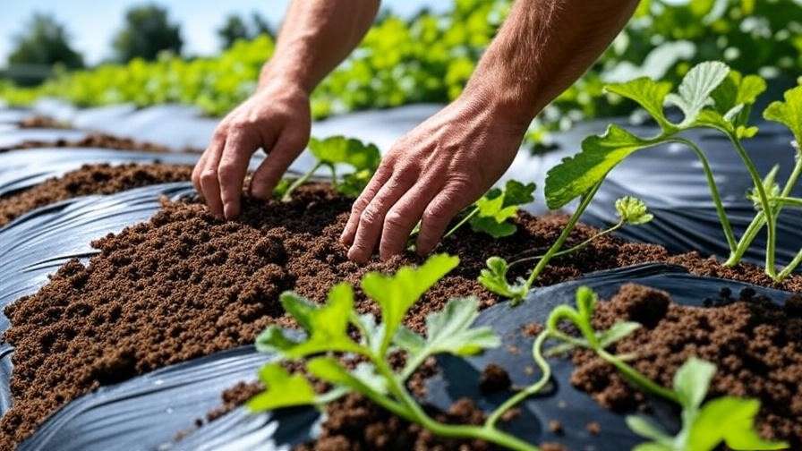 Gardener planting Jubilee watermelon seeds in a mulched raised garden bed with green vines."