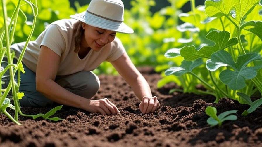 : "Person planting watermelon seeds in rich soil with young vines and green leaves." 