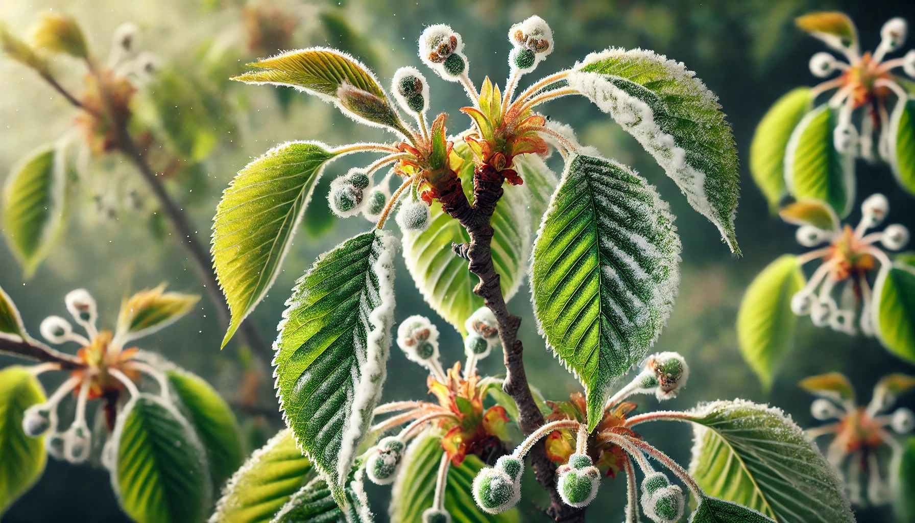 Close-up of vibrant green leaves and blossoming buds, coated in delicate frost, illuminated by soft sunlight in a lush environment.