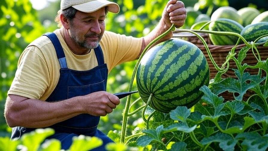 Gardener harvesting ripe organic seeded watermelon with basket in background.