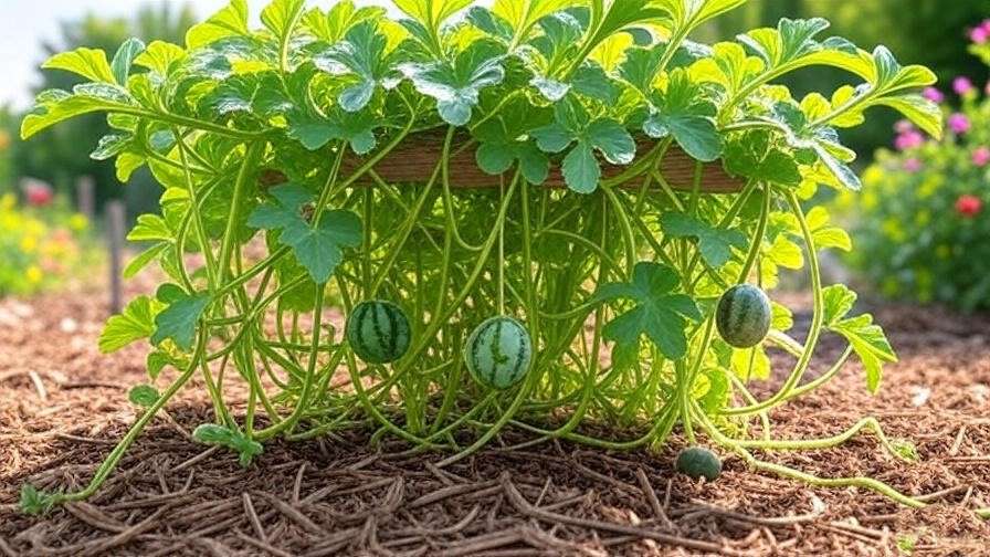 Healthy purple watermelon plant with vines and fruits on a trellis in a mulched garden