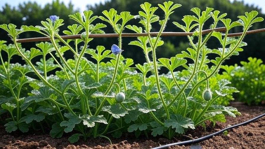 Blue watermelon plant with trellis and drip irrigation in a garden" 