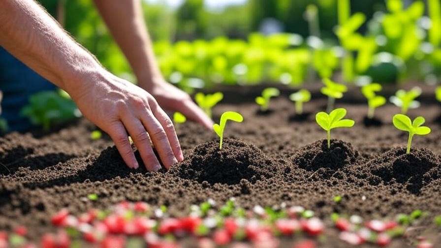 Hands planting colorful watermelon seeds in soil mounds with emerging seedlings in a sunny garden."