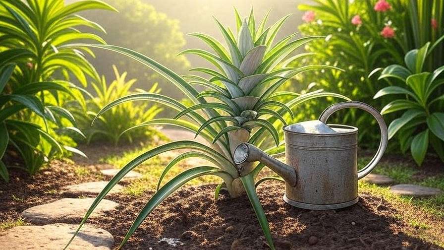 "Watering watermelon pineapple plant in sunny tropical garden." 