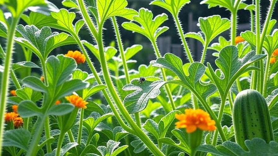  "Healthy Jubilee watermelon vines with marigolds and a cucumber beetle on a leaf." 