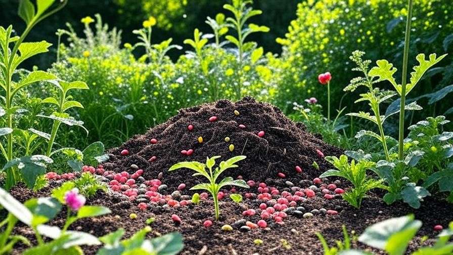 "Sustainable garden with compost, heirloom watermelon seeds, and a growing plant."