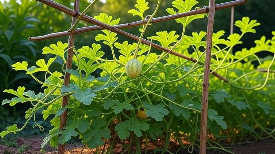 Yellow watermelon plant with vines and small fruits on trellis