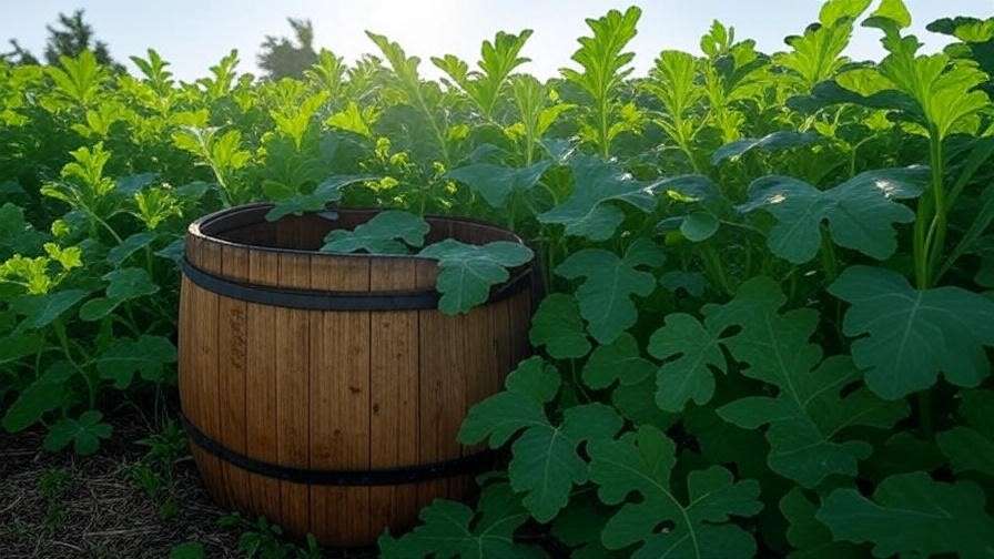 Sustainable garden with rainwater barrel and mulched watermelon plants. 