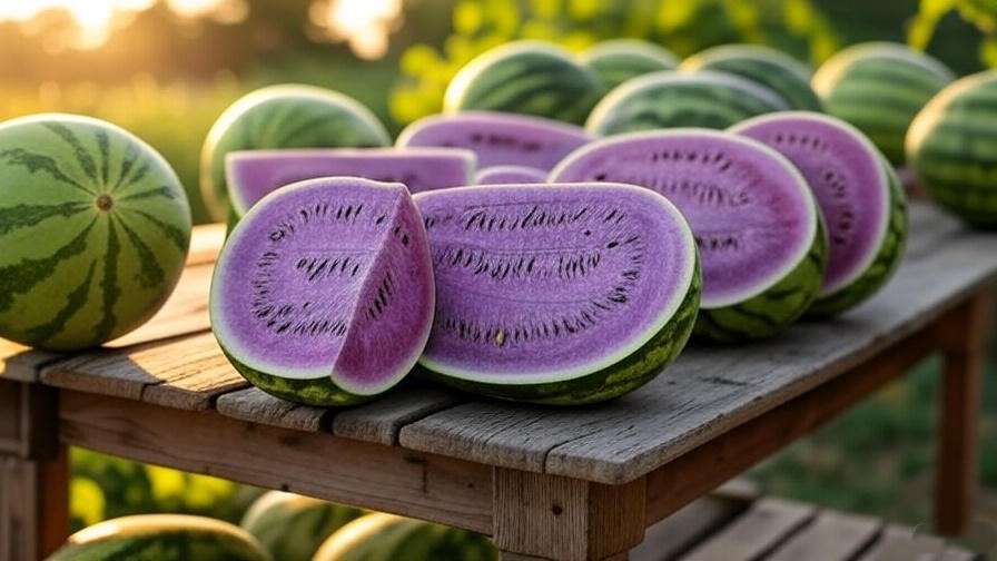  Freshly harvested purple watermelons sliced on a wooden table with garden greener