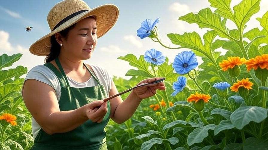 Gardener hand-pollinating blue watermelon flower with bees and marigolds