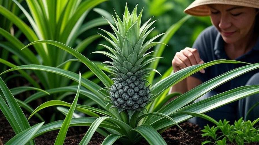  "Applying fertilizer to watermelon pineapple plant in tropical garden." 