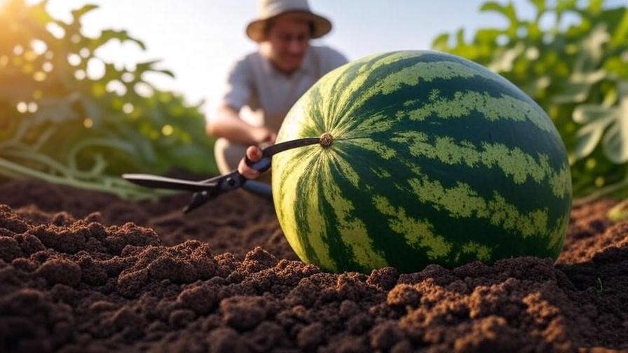  "Gardener harvesting ripe Jubilee watermelons with shears in a lush garden." 
